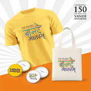 150 Years Of Vande Mataram | Patriotic Curated Combo | Round Neck Pure Cotton Yellow Unisex T-Shirt | 4x4 CM Round Badges | 14x16 Inch Cotton Canvas Tote Bag