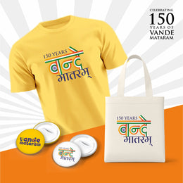 150 Years Of Vande Mataram | Patriotic Curated Combo | Round Neck Pure Cotton Yellow Unisex T-Shirt | 4x4 CM Round Badges | 14x16 Inch Cotton Canvas Tote Bag