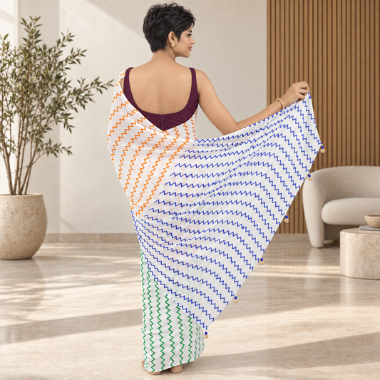 Tricolour Wave Georgette Saree