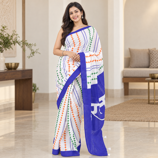 Bharat Typography Tricolour Mulmul Cotton Saree