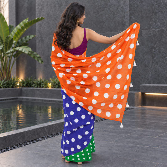 Tricolour Polka Dot Mulmul Cotton Saree