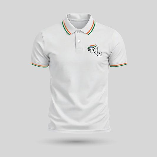 Bharat Embroidered Polo T-Shirt | Pure Cotton | Signature Tricolour Stripe