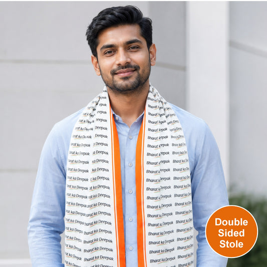 Your Name Bharat Pride Personalised Modal Silk Stole | Unisex | White & Saffron | Dual-Sided Print
