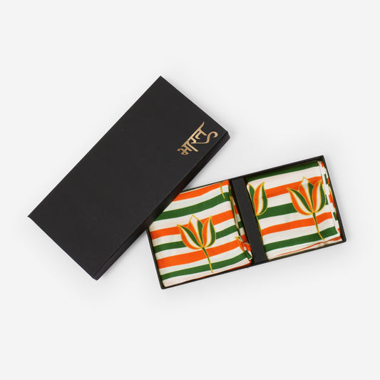 His & Her Set | Lotus Motif Design | Luv My India Premium Pocket Square And Scarf Combo | Digital Print Patriotic Combo | 33x33 CM Bemberg Vegan Silk Pocket Square | 150x45 CM Bemberg Vegan Silk Scarf
