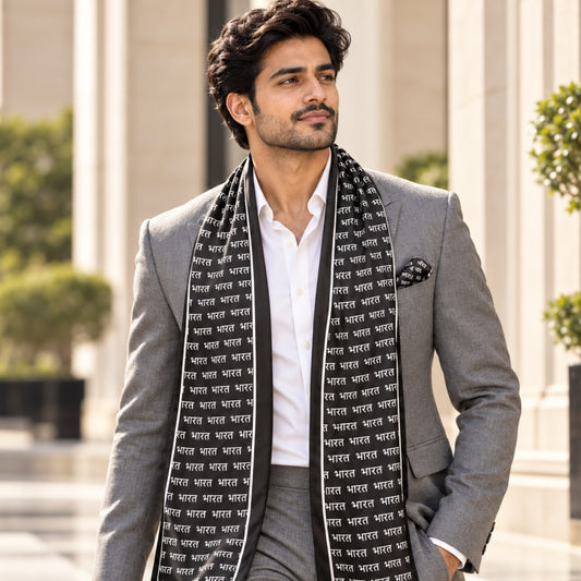 Bharat Signature Print | Premium Modal Silk Stole and Pocket Square Set | Black