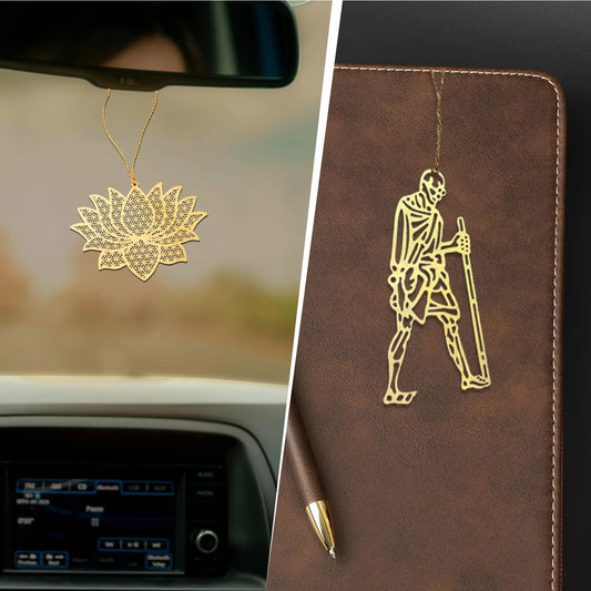 Patriotic Bookmark Set | Luv My India Bookmarks | 3x2 Inch Lotus Bookmark | 1.5x3 Inch Mahatma Gandhi Bookmark | Brass Bookmarks | Curated Pack Of 2