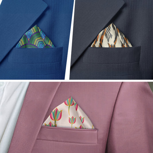 Luv My India Patriotic Pocket Square Combo | National Symbols | Tiger Stripes Design | Lotus Motifs Design | Peacock Feathers Design | 33x33 CM Pocket Squares Set