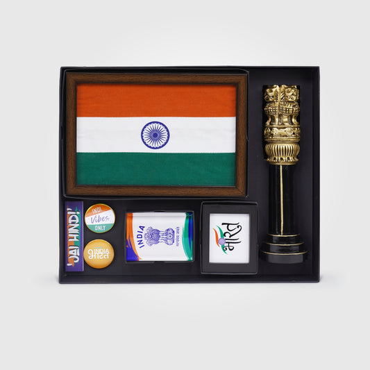 Gift Hamper | Luv My India Gift Hamper For Corporate & Personal Gifting | Khadi Tiranga 6x9 Inch Brown Frame | Patriotic Badges | 10 Inch Ashoka Stambh | Paperweight | Fridge Magnet | Bharat Black Frame