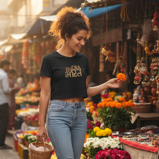 India Bharat | Gold Foil Round Neck Women's Crop Top T-Shirt | Pure Cotton Luv My India Fashion | Patriotic T-Shirt