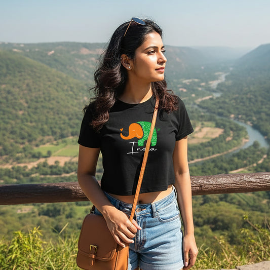 Tiranga Elephant Design | Round Neck Women’s Crop Top T-Shirt | Pure Cotton Luv My India Fashion | Patriotic T-Shirt