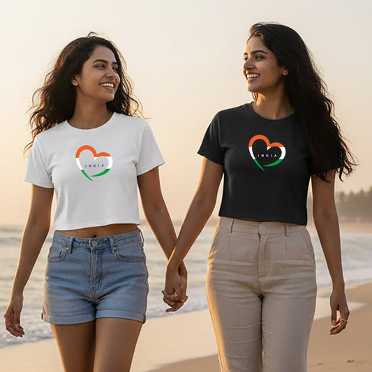 Love India | Round Neck Women’s Crop Top T-Shirt | Pure Cotton Luv My India Fashion | Tiranga / Tricolour Patriotic T-Shirt