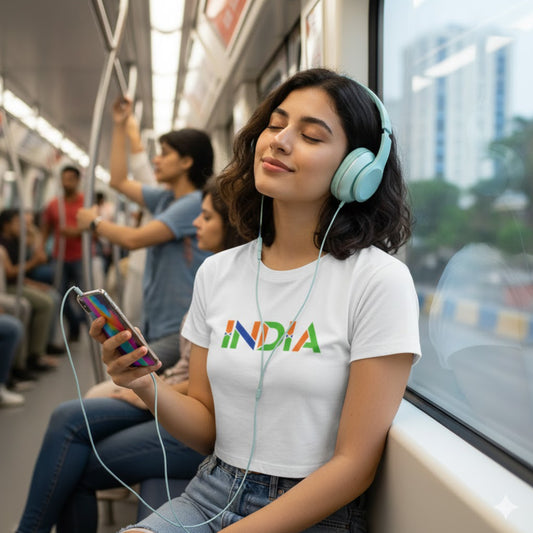 India In Tricolour | Round Neck Women’s Crop Top T-Shirt | Pure Cotton Luv My India Fashion | Patriotic T-Shirt