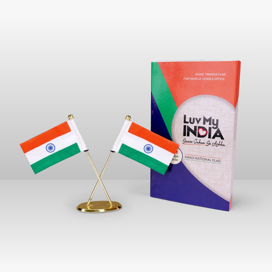 Cross Flag Khadi Tiranga / Tricolour For Car Dashboard | Luv My India 3x2 Inches Indian National Flag Plate With Oval Base