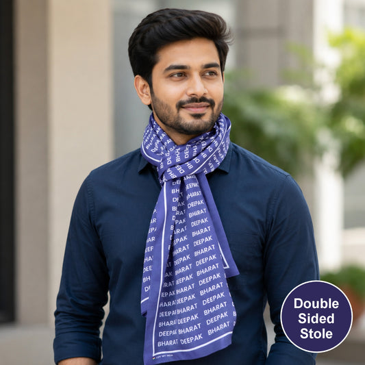 Your Name Bharat Typography Personalised Modal Silk Stole | Unisex | Royal Blue & White | Dual-Sided Print