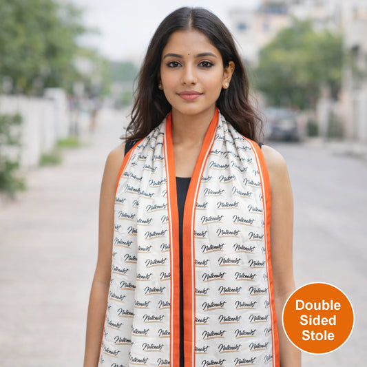 Nationalist Modal Silk Stole | Unisex | White & Saffron | Dual Side Print