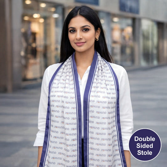 Jai Hind Modal Silk Stole | Unisex | White & Blue | Dual Side Print