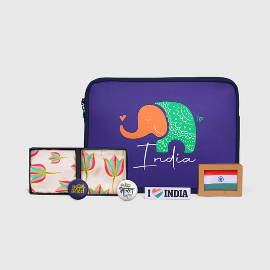 Gift Hamper | Luv My India Gift Hamper For Corporate & Personal Gifting | Khadi Tiranga 4×3 Brown Frame | Tiranga Elephant Laptop Bag | I Love India Fridge Magnet | National Symbols Pocket Square and Scarf Combo