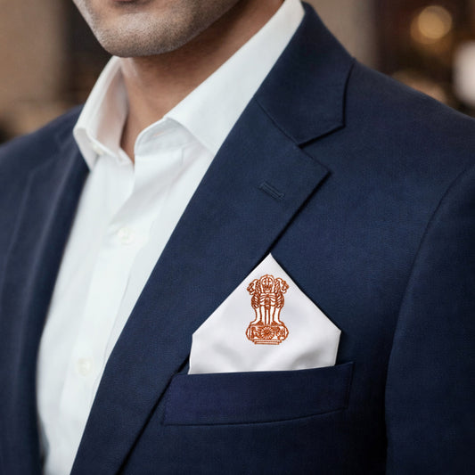 Emblem of India | Bemberg Raw Silk Pocket Square with Zari Embroidery