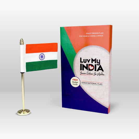 Single Stand Khadi Tiranga / Tricolour Flag For Home Desk And Table | Luv My India 3x2 Inches Indian National Flag With Metal Stand