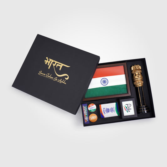 Gift Hamper | Luv My India Gift Hamper For Corporate & Personal Gifting | Khadi Tiranga 6x9 Inch Brown Frame | Patriotic Badges | 10 Inch Ashoka Stambh | Paperweight | Fridge Magnet | Bharat Black Frame