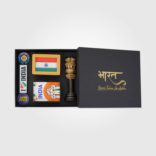 Gift Hamper | Luv My India Gift Hamper For Corporate & Personal Gifting | Khadi Tiranga 4x3 Inch Brown Frame | Patriotic Badges | 6 Inch Ashoka Stambh | Paperweight | Fridge Magnet