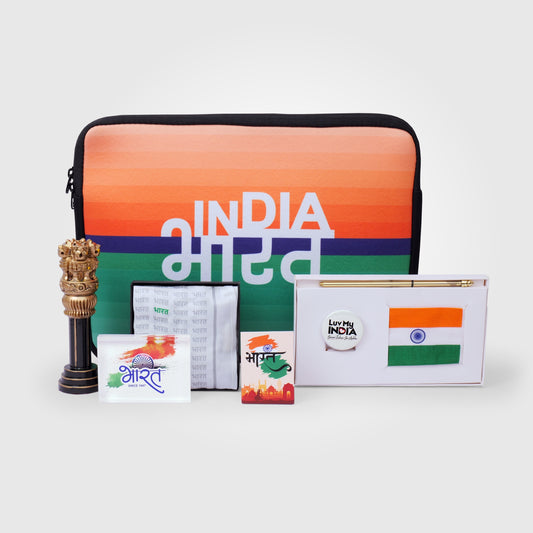 Gift Hamper | Luv My India Gift Hamper For Corporate & Personal Gifting | 6 Inch Ashoka Stambh | India Bharat Laptop Bag | Bharat Design Pocket Square | Bharat Since 1947 Paperweight | Bharat Fridge Magnet | 3x2 Khadi Flag