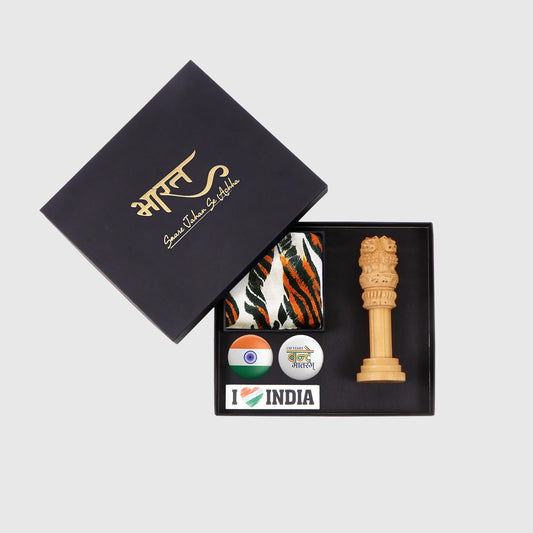 Gift Hamper | Luv My India Gift Hamper For Corporate & Personal Gifting | 6 Inch Wooden Ashoka Stambh | I Love India Fridge Magnet | Ashoka Chakra Pocket Square