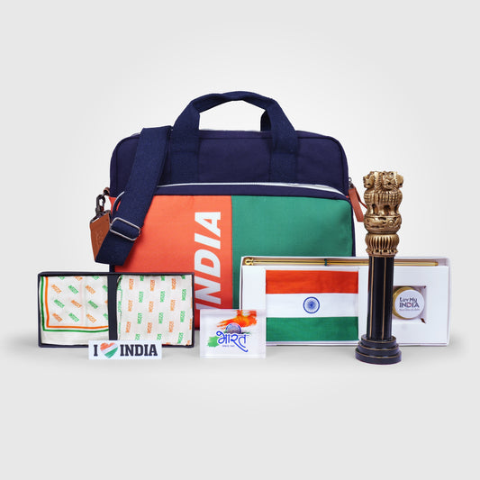 Gift Hamper | Gift Hamper For Corporate & Personal Gifting | 10 Inch Ashoka Stambh | India Tricolour Laptop Bag | I Love India Fridge Magnet | National Symbols Pocket Square and Scarf Combo | Bharat Since 1947 Paperweight | 6x4 Khadi Flag