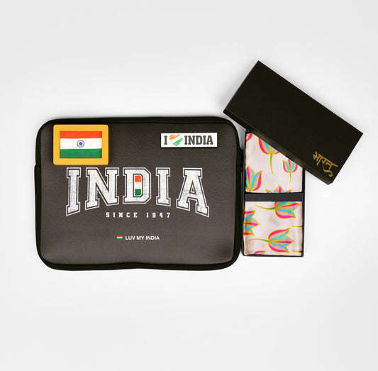 Gift Hamper | Luv My India Gift Hamper For Corporate & Personal Gifting | Khadi Tiranga 4×3 Brown Frame | India Since 1947 Laptop Bag | I Love India Fridge Magnet | National Symbols Pocket Square and Scarf Combo