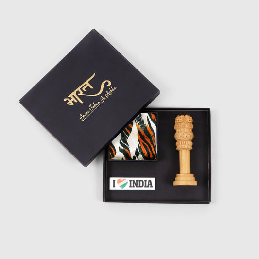 Gift Hamper | Luv My India Gift Hamper For Corporate & Personal Gifting | 6 Inch Wooden Ashoka Stambh | I Love India Fridge Magnet | Ashoka Chakra Pocket Square