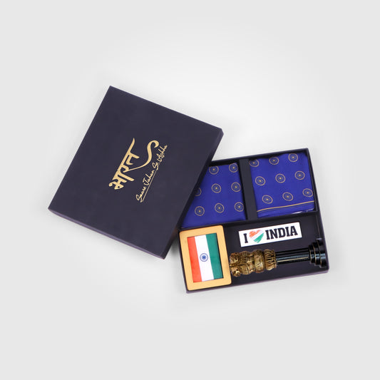 Gift Hamper | Luv My India Gift Hamper For Corporate & Personal Gifting | Khadi Tiranga 4×3 Brown Frame | 10 Inch Black And Golden Ashoka Stambh | I Love India Fridge Magnet | Ashoka Chakra Pocket Square and Scarf Combo