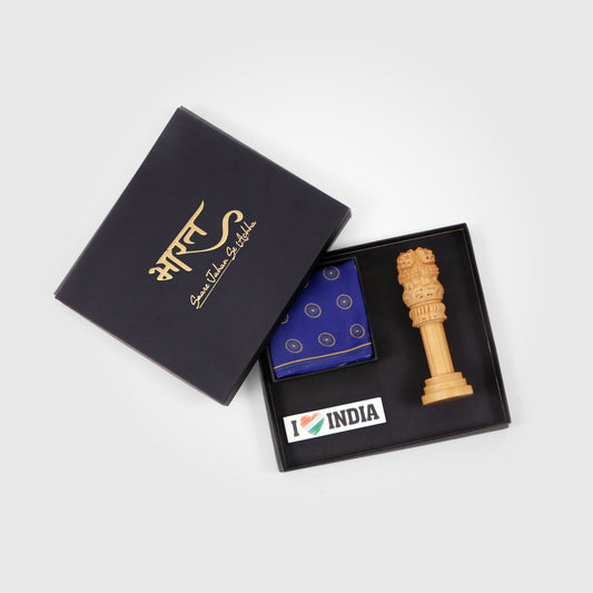 Gift Hamper | Luv My India Gift Hamper For Corporate & Personal Gifting | 6 Inch Wooden Ashoka Stambh | I Love India Fridge Magnet | Ashoka Chakra Pocket Square