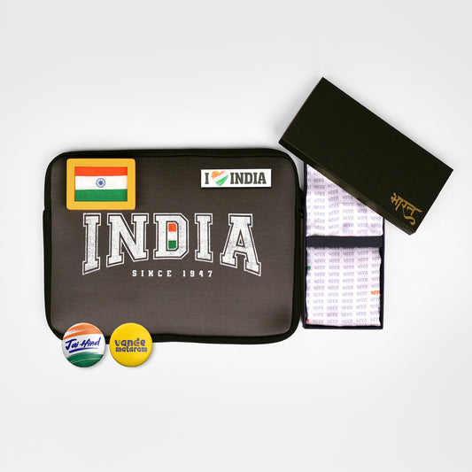 Gift Hamper | Luv My India Gift Hamper For Corporate & Personal Gifting | Khadi Tiranga 4×3 Brown Frame | India Since 1947 Laptop Bag | I Love India Fridge Magnet | Bharat Design Pocket Square and Scarf Combo