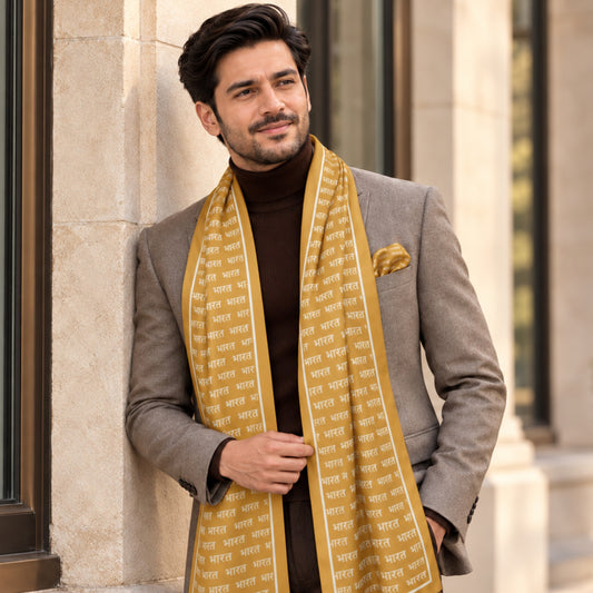 Bharat Signature Print | Premium Modal Silk Stole and Pocket Square Set | Gold