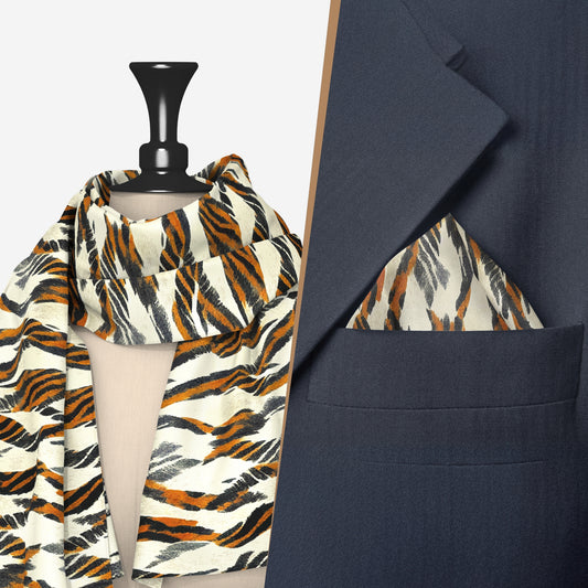His & Her Set | Tiger Stripes | Luv My India Premium Pocket Square And Scarf Combo | Digital Print Patriotic Combo | 33x33 CM Bemberg Vegan Silk Pocket Square | 150x45 CM Bemberg Vegan Silk Scarf