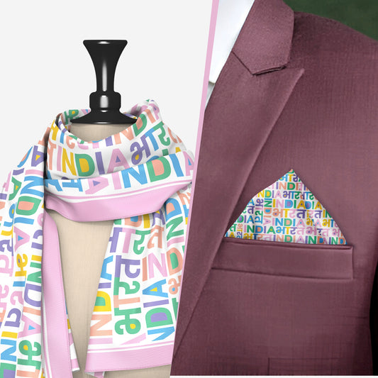 India Bharat Pop Typography Pocket Square & Scarf Combo | Pink Border