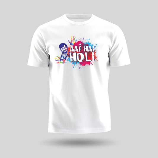 Luv My India Round Neck T-shirt | Pure Cotton Aaj Holi Hai Print | White Unisex Holi T-shirt