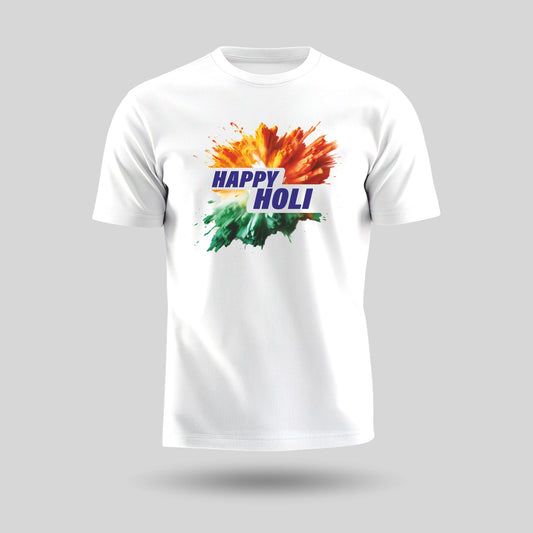 Luv My India Round Neck T-shirt | Pure Cotton Tiranga Happy Holi Print | White Unisex Holi T-shirt