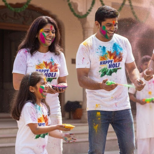 Luv My India Round Neck T-shirt | Pure Cotton Tiranga Happy Holi Print | White Unisex Holi T-shirt