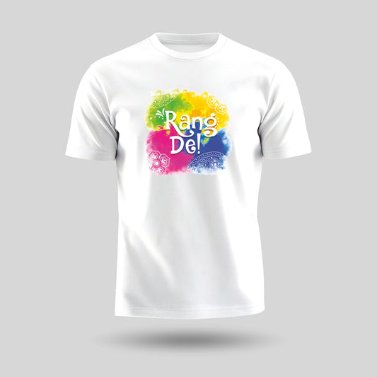 Luv My India Round Neck T-shirt | Pure Cotton Rang De Print | White Unisex Holi T-shirt