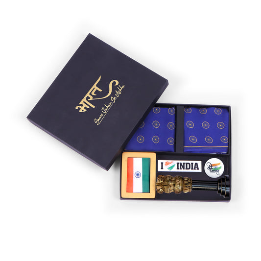Gift Hamper | Luv My India Gift Hamper For Corporate & Personal Gifting | Khadi Tiranga 4×3 Brown Frame | 10 Inch Black And Golden Ashoka Stambh | I Love India Fridge Magnet | Ashoka Chakra Pocket Square and Scarf Combo