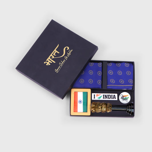 Gift Hamper | Luv My India Gift Hamper For Corporate & Personal Gifting | Khadi Tiranga 4×3 Brown Frame | 10 Inch Black And Golden Ashoka Stambh | I Love India Fridge Magnet | Ashoka Chakra Pocket Square and Scarf Combo