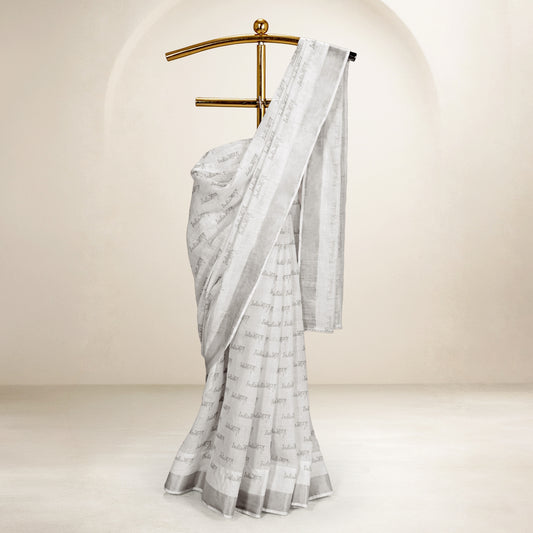 India Bharat Silver Zari Border Linen Saree | Gracefully Patriotic Design