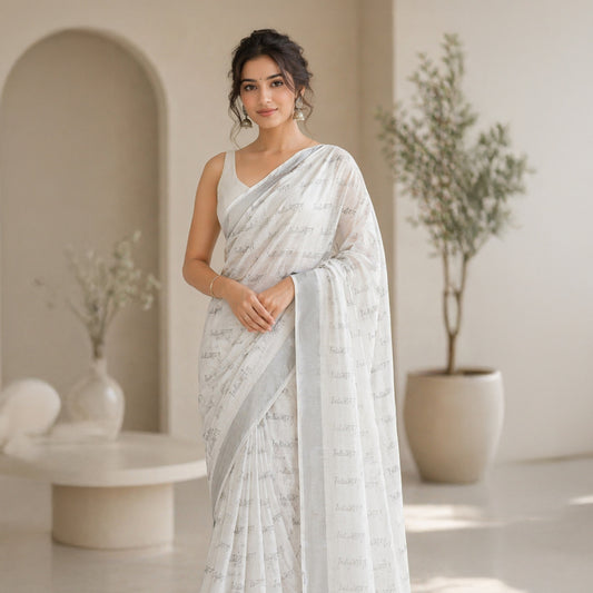 India Bharat Silver Zari Border Linen Saree | Gracefully Patriotic Design