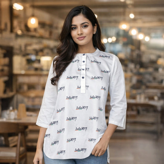 India-Bharat | Women’s Kurti Shirt | 100% Giza Cotton | Classic White