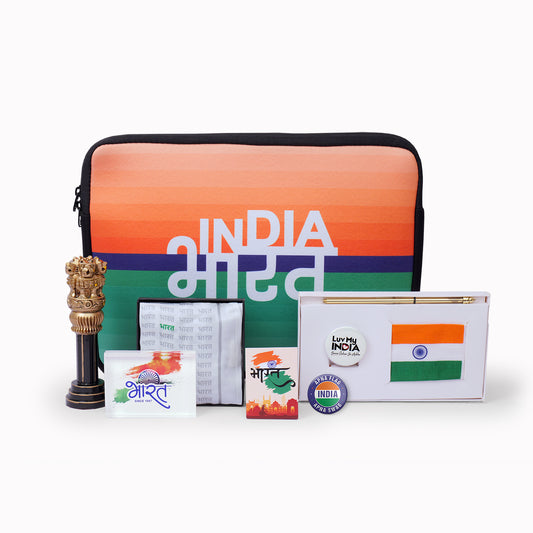 Gift Hamper | Luv My India Gift Hamper For Corporate & Personal Gifting | 6 Inch Ashoka Stambh | India Bharat Laptop Bag | Bharat Design Pocket Square | Bharat Since 1947 Paperweight | Bharat Fridge Magnet | 3x2 Khadi Flag