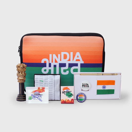 Gift Hamper | Luv My India Gift Hamper For Corporate & Personal Gifting | 6 Inch Ashoka Stambh | India Bharat Laptop Bag | Bharat Design Pocket Square | Bharat Since 1947 Paperweight | Bharat Fridge Magnet | 3x2 Khadi Flag