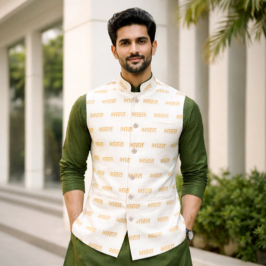 Bharat Typography Print | Ivory & Gold | Ethnic Jacket | Authentic Cartier Silk