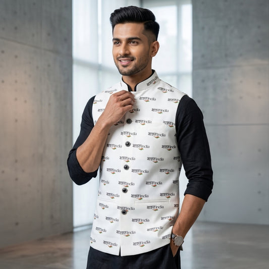 Bharat India Typography Print | Ivory | Ethnic Jacket | Authentic Cartier Silk