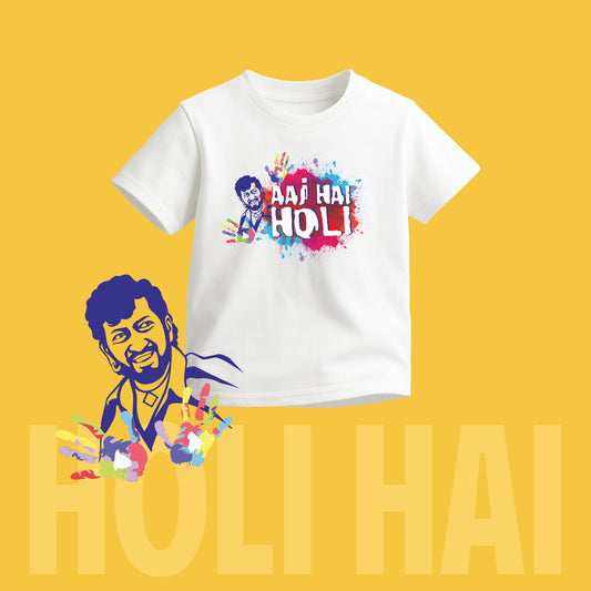 Luv My India Round Neck Kids T-shirt | Pure Cotton Aaj Holi Hai Print | White Unisex Holi T-shirt